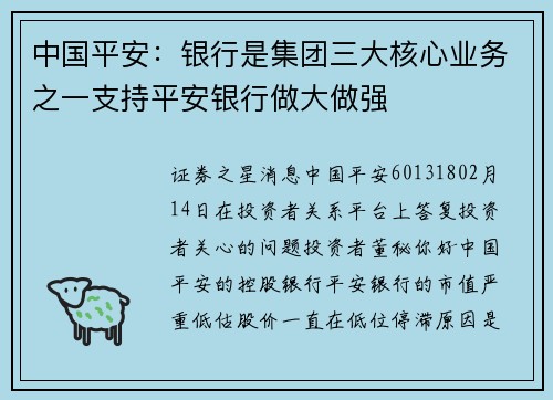 中国平安：银行是集团三大核心业务之一支持平安银行做大做强