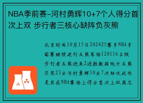 NBA季前赛-河村勇辉10+7个人得分首次上双 步行者三核心缺阵负灰熊