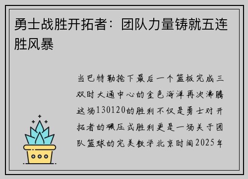 勇士战胜开拓者：团队力量铸就五连胜风暴