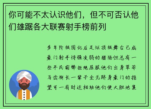 你可能不太认识他们，但不可否认他们雄踞各大联赛射手榜前列